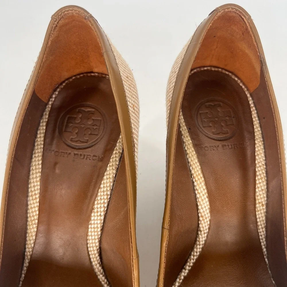 Tory Burch Wedges Womens 9.5M Woven Wicker Summer Sandal Heel Y2K Neutral